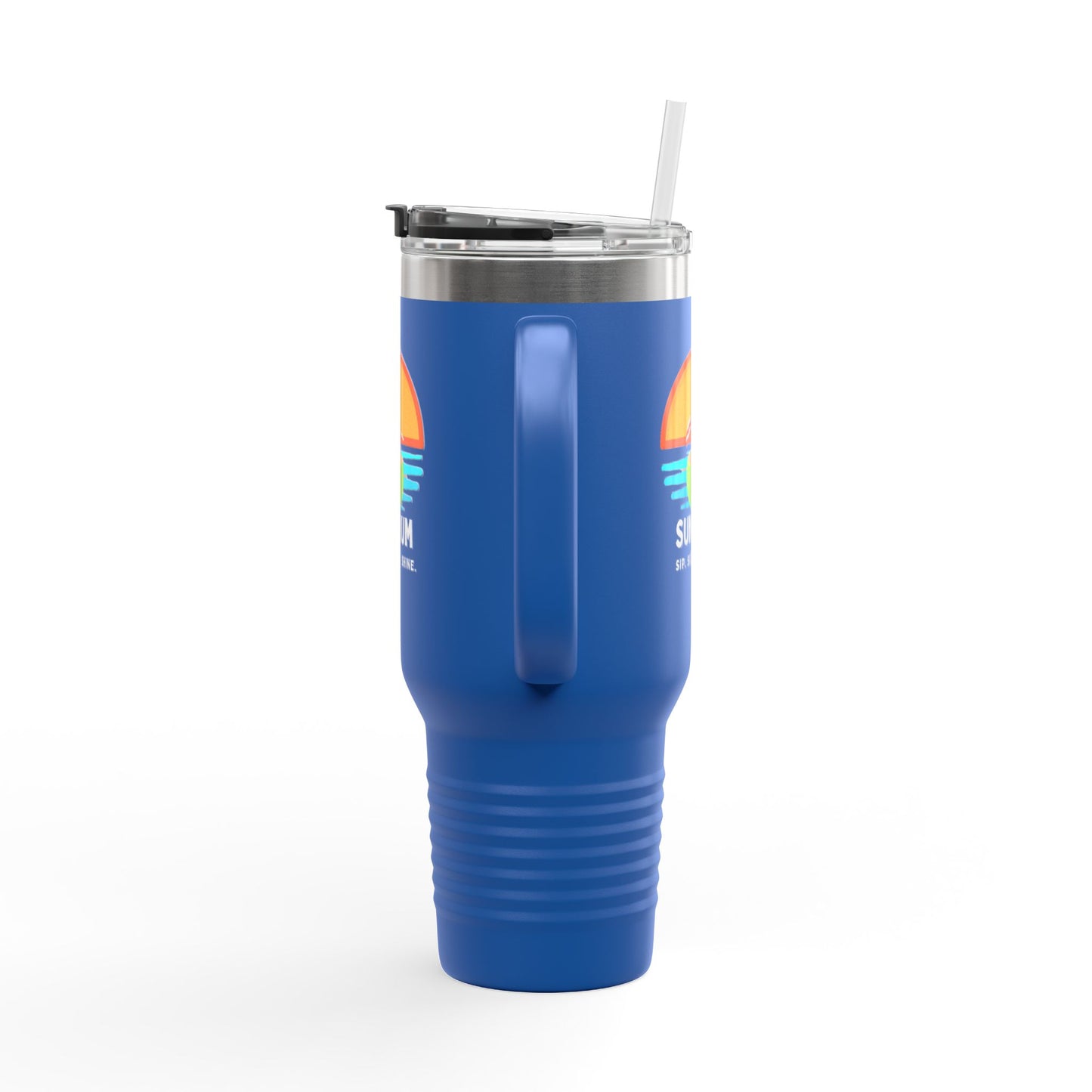 Blue insulated travel mug - side