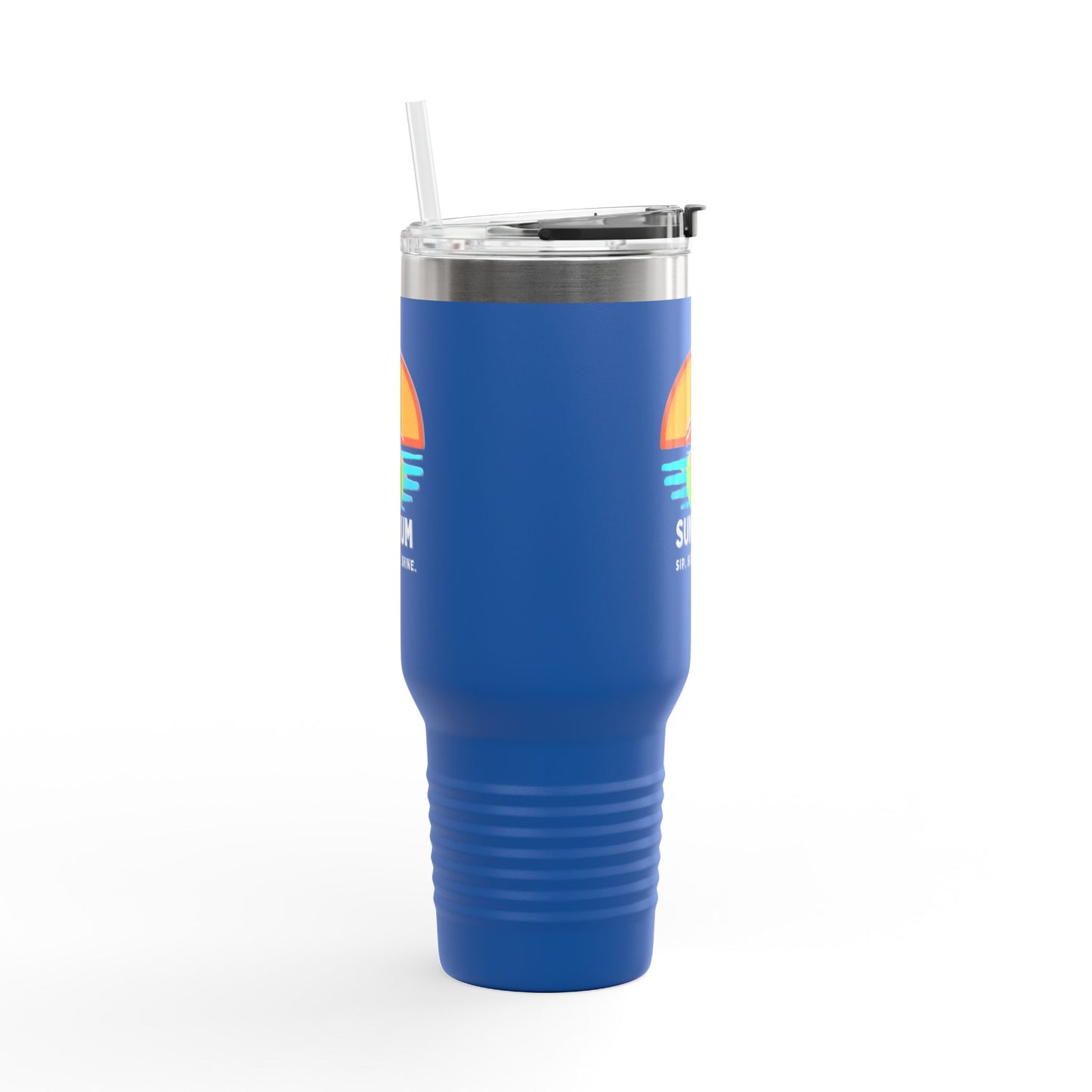 Blue insulated travel mug - side