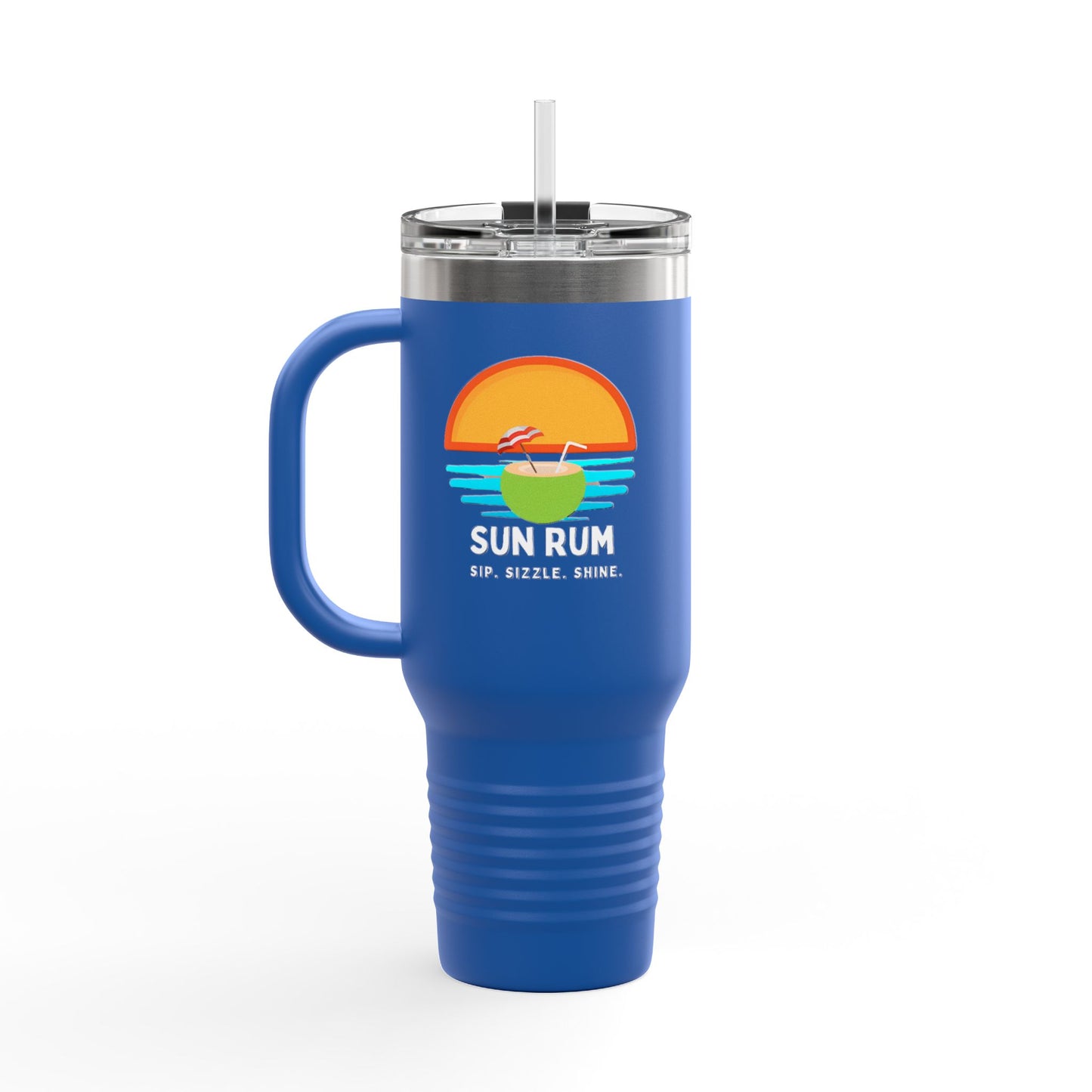 Blue insulated travel mug - front