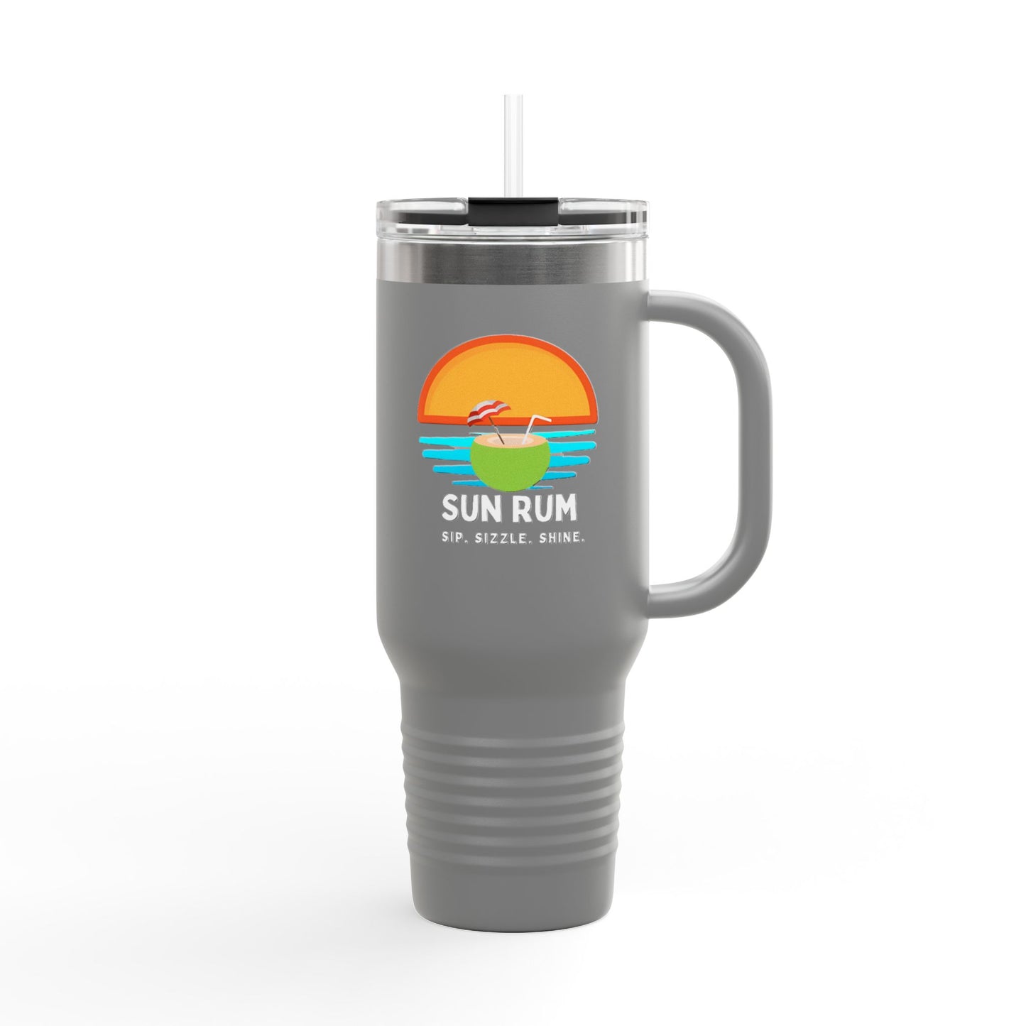 Grey insulated travel mug - front