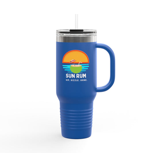 Blue insulated travel mug - front