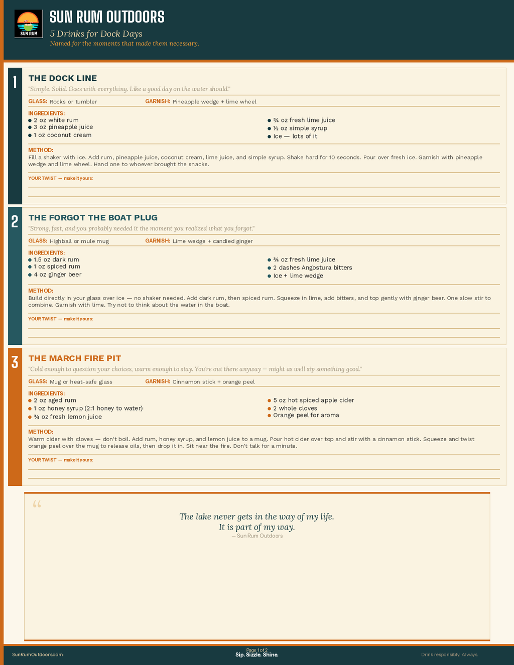 5 Drinks for Dock Days — Rum Cocktail Recipe Card | Printable PDF | Sun Rum Outdoors