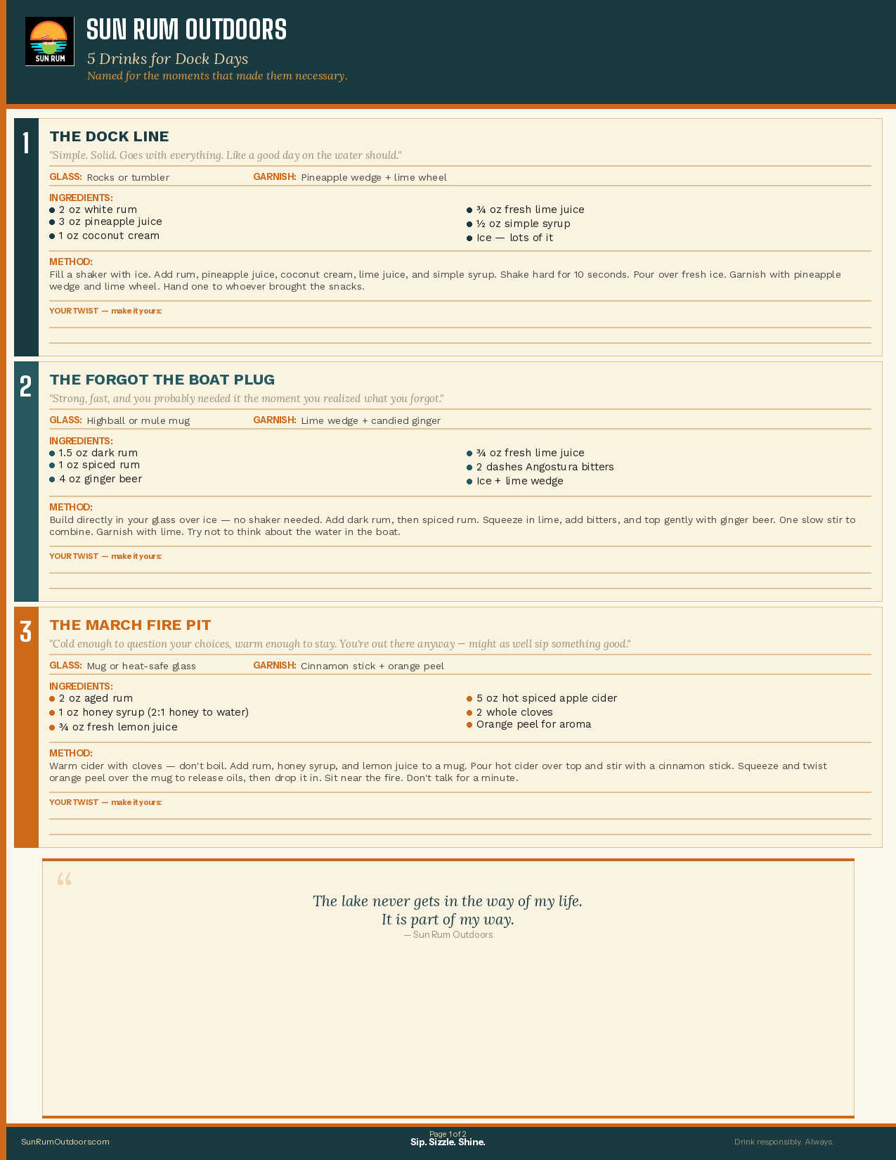 5 Drinks for Dock Days — Rum Cocktail Recipe Card | Printable PDF | Sun Rum Outdoors