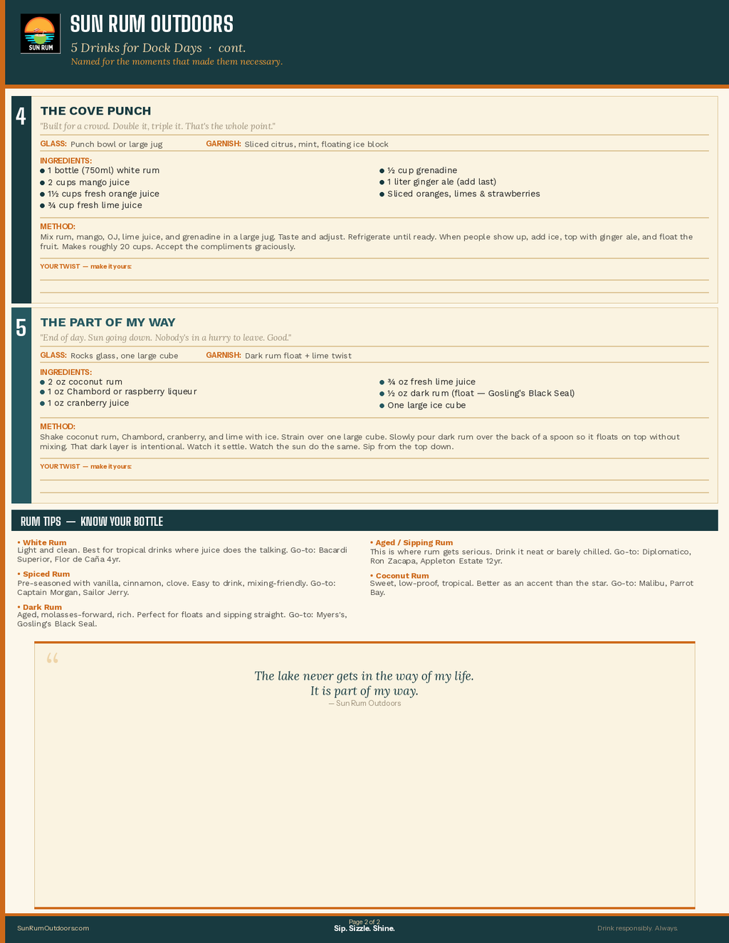 5 Drinks for Dock Days — Rum Cocktail Recipe Card | Printable PDF | Sun Rum Outdoors
