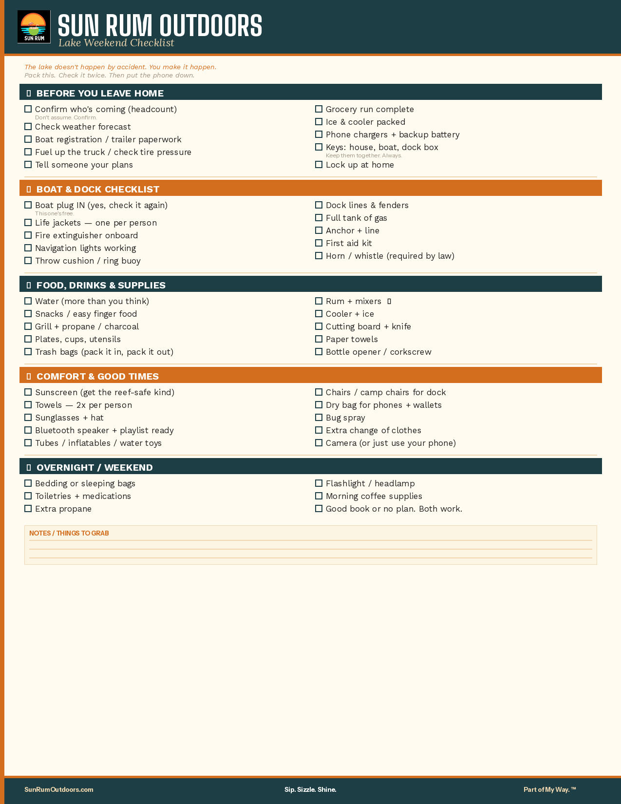 Lake Weekend Checklist — Free Printable Download | Sun Rum Outdoors