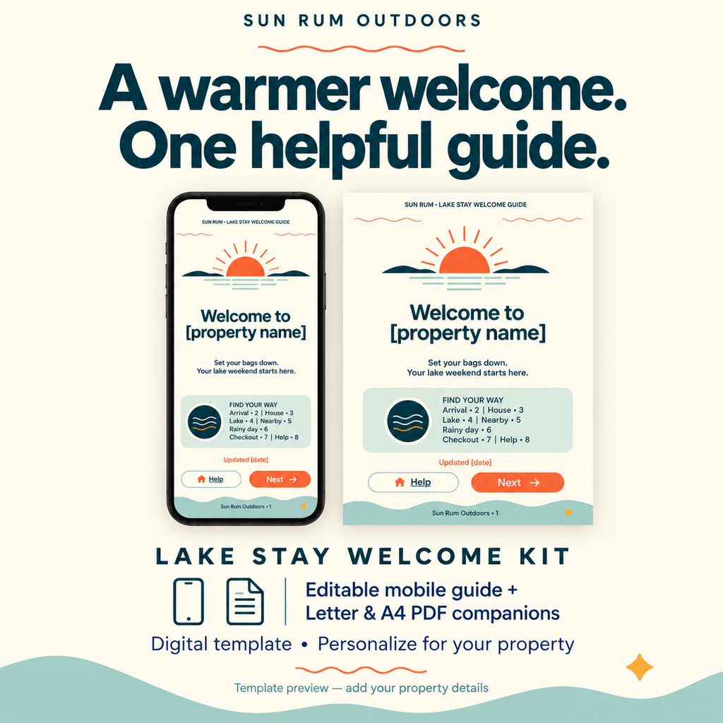 Sun Rum Lake Stay Welcome Kit, illustrated mobile and print template preview.